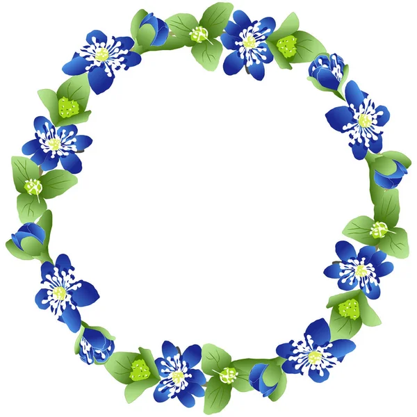 Vektor-Kranz aus blauen Blumen und leuchtend grünen Blättern — Stockvektor