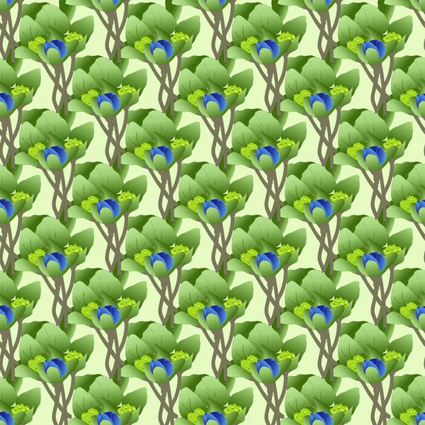 Patrón inconsútil vector con hojas verdes y una flor azul — Vector de stock