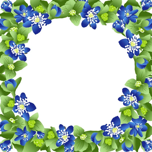 Vektorrahmen aus leuchtend blauen Blüten und grünen Blättern — Stockvektor