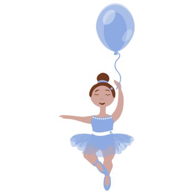 Beyaz arka planda balerin eteği, sivri ayakkabısı ve mavi tonlu balonu olan küçük bir balerin kızı.