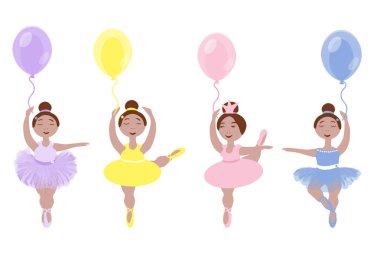 Renkli etekli dört küçük balerin kızı ve balonlu sivri uçlu ayakkabılar.