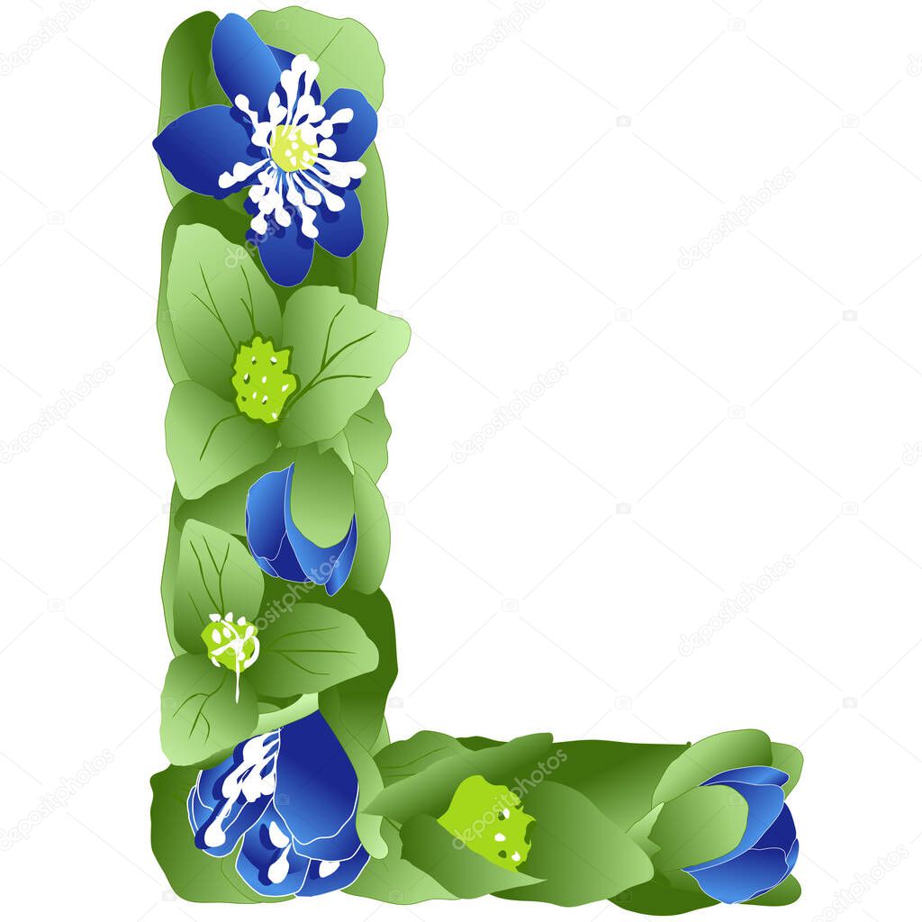Vector image of the letter L of the English alphabet made in the form of flowers and leaves of liverwort, in bright blue and green colors