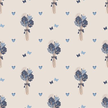 Bir buket kurutulmuş çiçek ve ortancayla kusursuz bir desen.