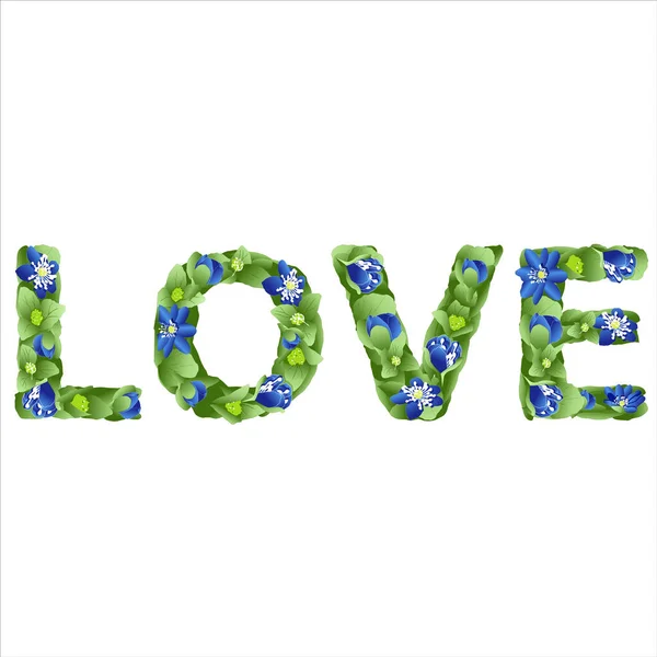 Vector lettering Love, made in the form of flowers and leaves of liverwort — Stock Vector