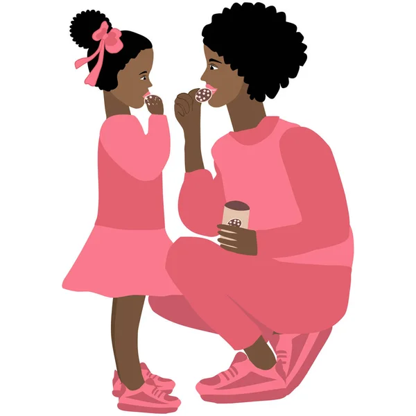 Wektorowy Obraz Afroamerykańskiej Matki Córki Różowych Ubraniach Ciasteczkami Białym Tle — Wektor stockowy