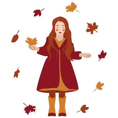 Sonbahar yapraklı kırmızı ceketli küçük bir kızın vektör görüntüsü.