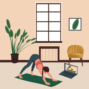 Bilgisayarda yoga yapan bir kızın vektör görüntüsü