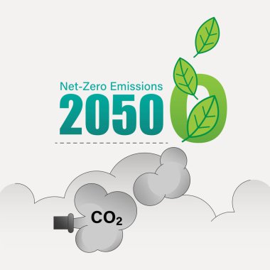 2050 'ye kadar CO2 net-sıfır emisyonlarına ulaşılıyor. Vektör çizimi düz tasarım biçimi.