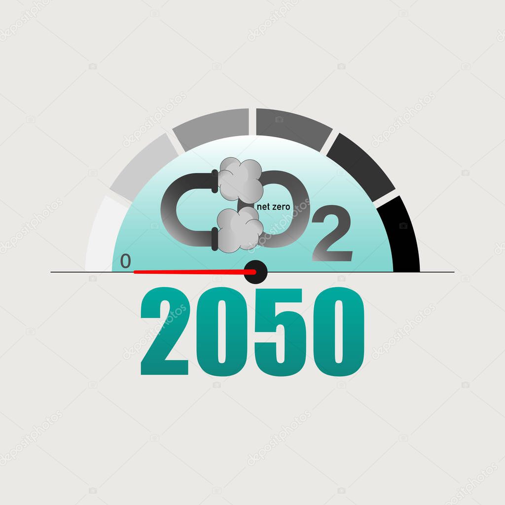 Measuring pointer display zero level as a gimmick of achieving net-zero CO2 emissions by 2050. Vector illustration outline flat design style.