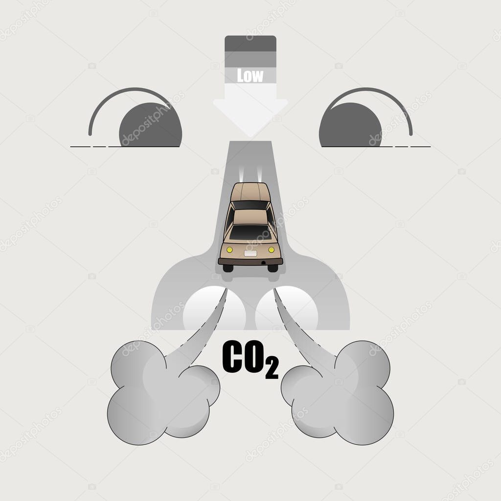 Car emitting CO2 running into the nose as a gimmick of air pollution impact on human health. Reduce carbon emission. Vector illustration outline flat design style.