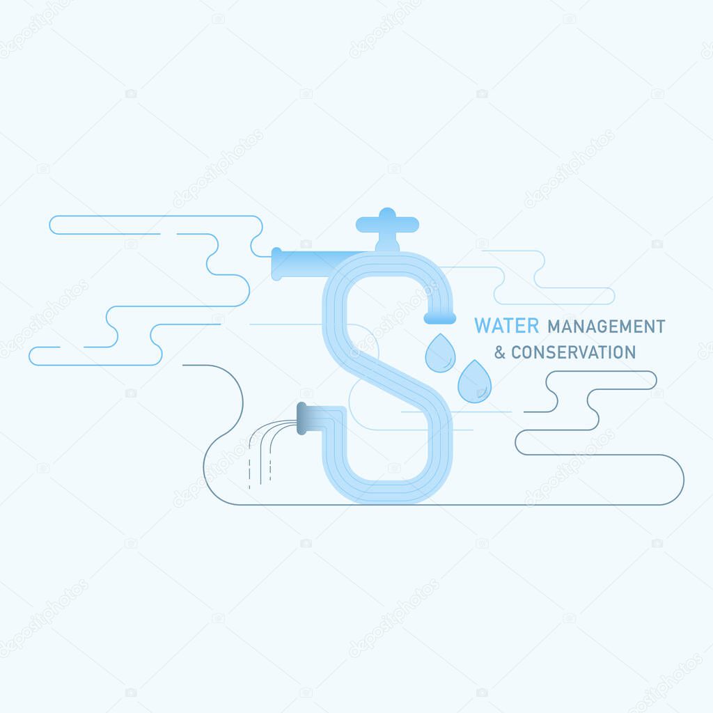 Cycle of tap water and wastewater imply to S shape as a gimmick of save water. Water management and conservation. Vector illustration outline flat design style.