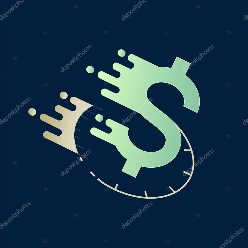 Fast motion of dollar sign and clock. Conceptual illustration of speed money, fast money and quick cash. Vector illustration outline flat design style.