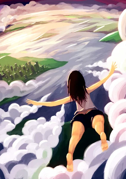 Digitaal schilderen meisje fly sky — Stockfoto