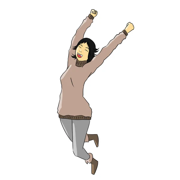 Frau poser feiern Mantel glücklichen Lächeln Aktion Sprung Freude — Stockfoto