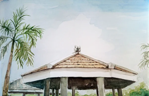 水彩画鳥いくつか屋根の空 — ストック写真