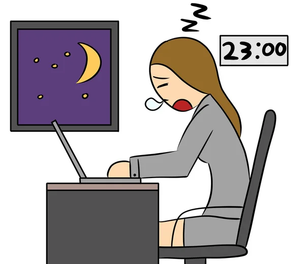 Cartoon woman late work overtime night — Stock Photo, Image