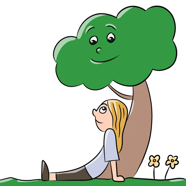 Çizgi film kadın ağacın altında oturup