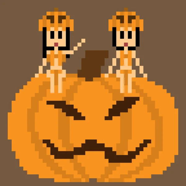 Illustration pixel art pumpkin girl — Stok Vektör