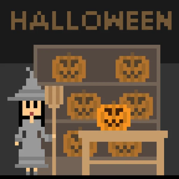 Illustration pixel art witch halloween — Stok Vektör