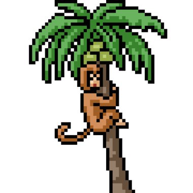 Maymun piksel sanatı Hindistan cevizi ağacına izole edilmiş arka plana tırman