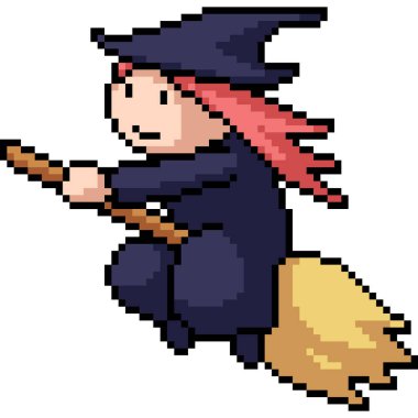 Cadı kız süpürge sineğinin piksel sanatı izole edilmiş arka plan