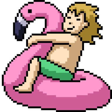 Piksel çocuk sanatı flamingo can simidiyle oynanıyor izole edilmiş arka plan