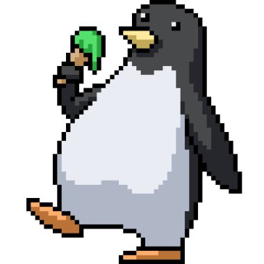 Piksel penguen sanatı izole edilmiş dondurma yiyor.