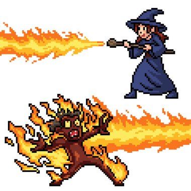 piksel sanatı dişi büyücü yanan iblisin izole edilmiş arka planı