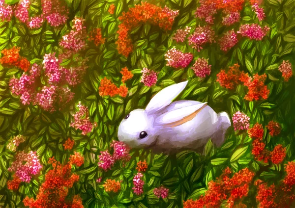 Illustration digital painting rabbit ixora — Stock Photo, Image