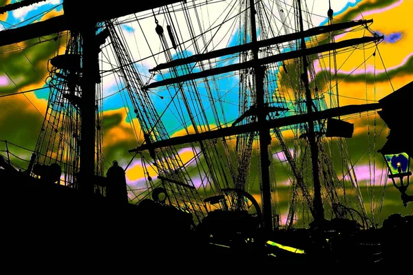 Rigging Sailing Ship Evening Sky False Colors — Foto de Stock