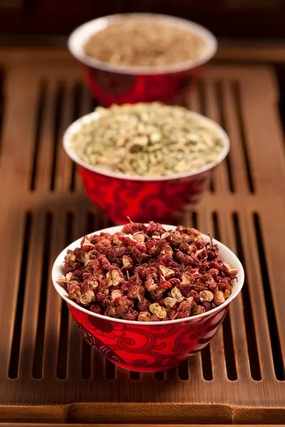 Different Spices Traditional Chinese Bowls Wooden Surface — Stock Photo, Image
