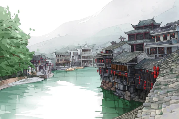 Иллюстрация Китайских Зданий Гор Над Озером — стоковое фото