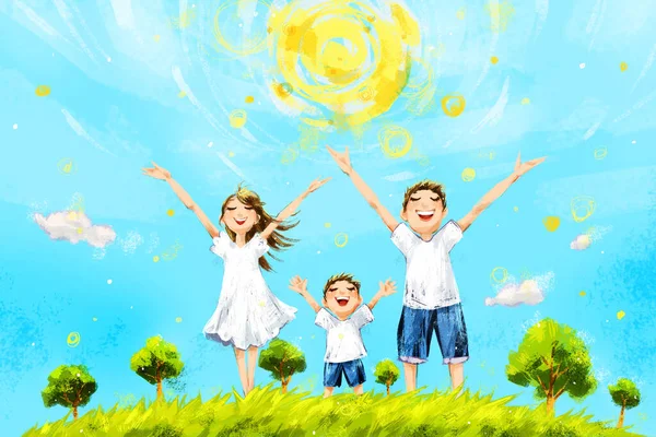 Glückliche Familie Steht Auf Grünem Rasen Und Die Sonne Scheint — Stockfoto