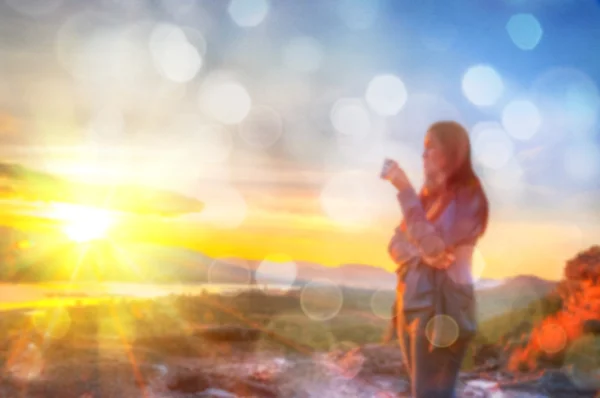 Abstract Blurred Soft Photo Women Hilltop Bokeh Sunrise Natural Background — Stock Photo, Image