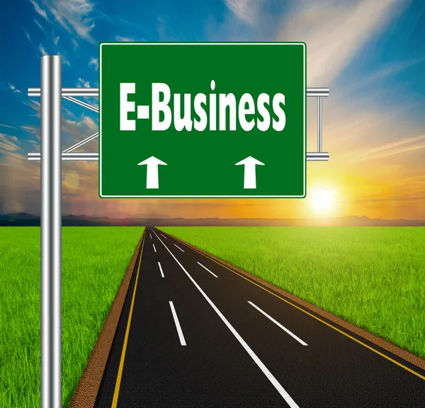 Green Road Sign concept E-Business on soft natural landscape bac — Stock Photo, Image