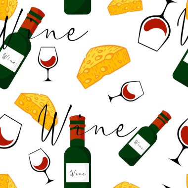 Kırmızı şarap pürüzsüz desen. Çizgi film alkol geçmişi. Şarap kadehi, şarap şişesi, peynir.