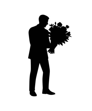 Çiçek buketi olan adam basit bir siluet. Doodle izole edilmiş simgeyi kes.