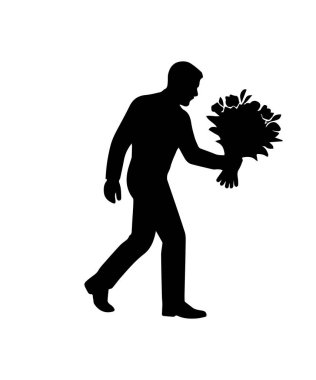 Çiçek buketi olan adam basit bir siluet. Doodle izole edilmiş simgeyi kes.