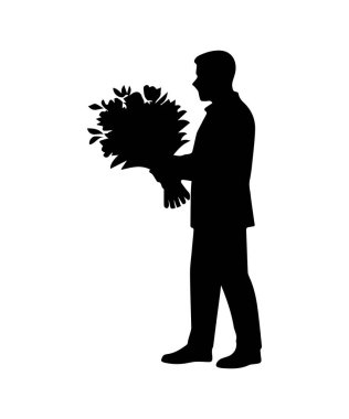 Çiçek buketi olan adam basit bir siluet. Doodle izole edilmiş simgeyi kes.