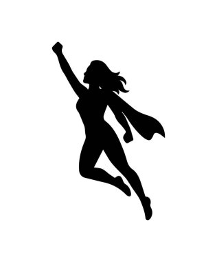 Süper kahraman kadın silueti çizimi. Süper güçleri olan pelerinli bir kadınla basit bir simge.