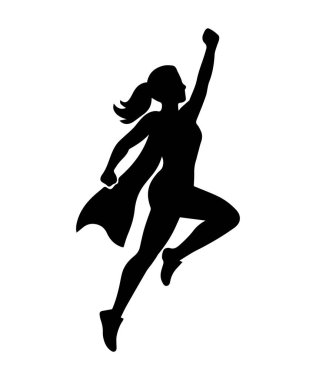 Süper kahraman kadın silueti çizimi. Süper güçleri olan pelerinli bir kadınla basit bir simge.