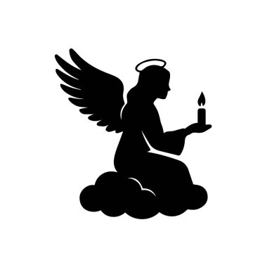Melek silueti oturuyor, kanatları, halesi var ve beyaz arka planda yanan bir mum tutuyor.