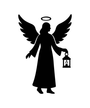 Melek silueti duruyor, kanatları, halesi var ve beyaz arka planda yanan bir lamba tutuyor.