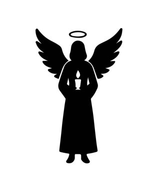 Melek silueti duruyor, kanatları var, halesi var ve beyaz arka planda yanan bir mum tutuyor.