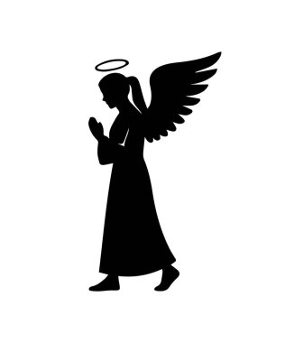 Melek silueti duruyor, kanatları var, halesi var, dua ediyor, beyaz arka planda.