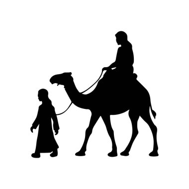 İnsanoğlu deveye biniyor, çöl yolculuğunu ve göçebe hayatı simgeliyor.