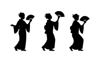 Kimono içinde yürüyen ve geleneksel bir Japon hayranını tutan geyşa silueti.