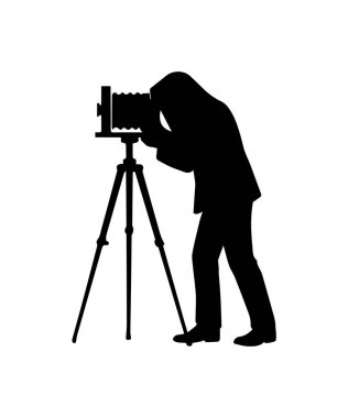 Eski moda kamera ikonu olan bir fotoğrafçı. Basit kameraman silueti.