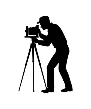 Eski moda kamera ikonu olan bir fotoğrafçı. Basit kameraman silueti.