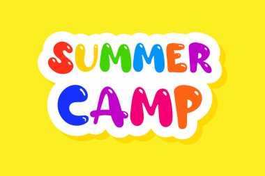 Çocukların yaz kampı posteri. Renkli çizgi film etiketi.